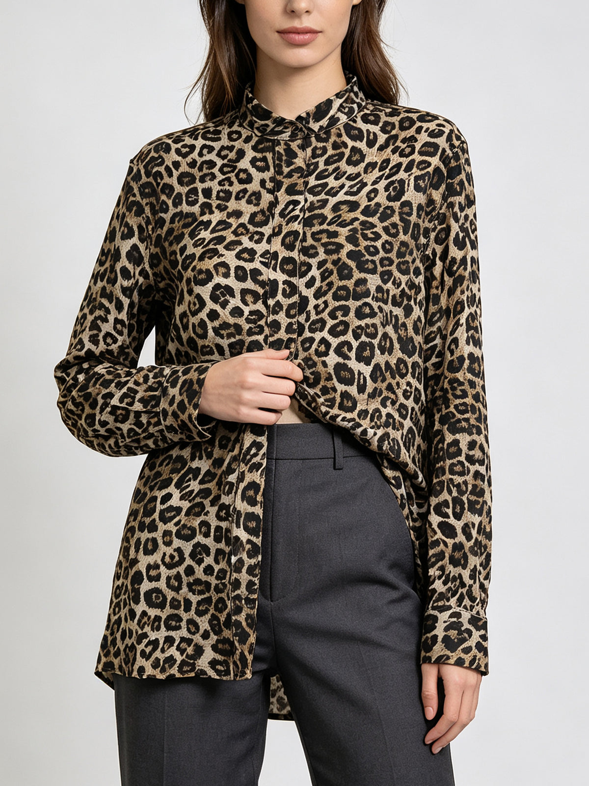 Ladies Leopard Print Stand Neck Button‑Up Blouse, Long Sleeve Loose Fit Chic Office Casual Shirt