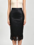 Women High‑Waist Faux Leather Midi Pencil Skirt Elegant Floral Lace Trim Hem Bodycon Skirt