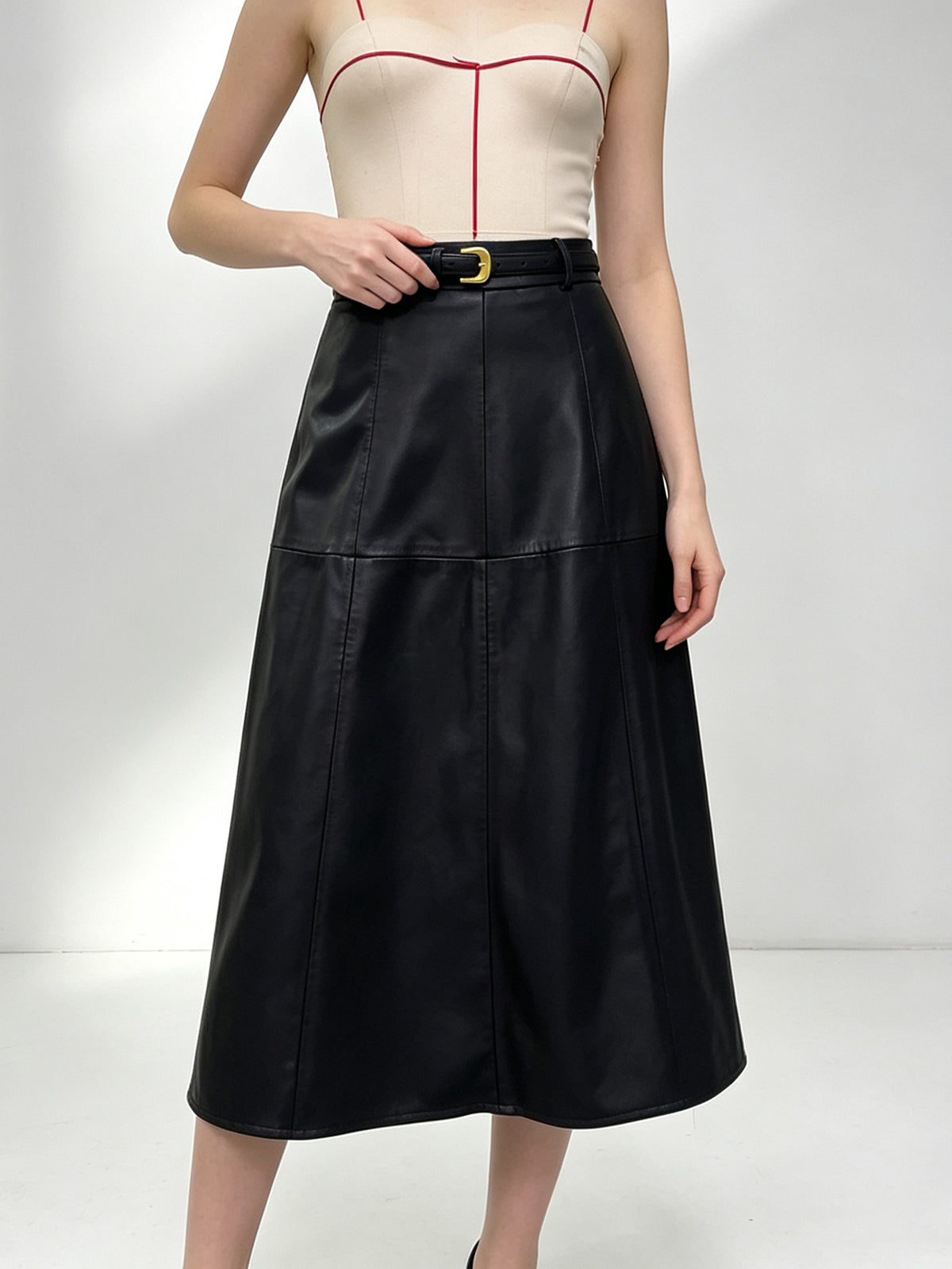 Women High‑Waist Faux Leather A‑Line Midi Skirt With Gold Buckle Belt Elegant Casual Skirt