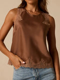 Coffee Satin Sleeveless Cami Tank Top, Lace Trim Round Neck Loose Casual Blouse for Women Daily Night‑Out