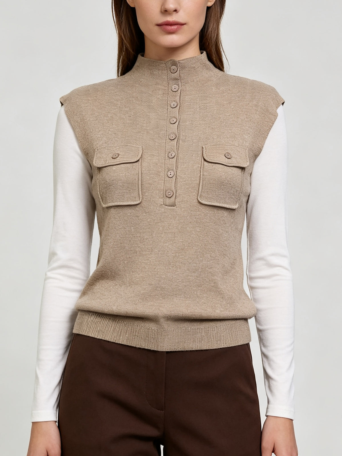 Chic Women Sleeveless Knit Pullover Vest, Mock Neck Half Placket Pocket Design Casual Office Layering Top
