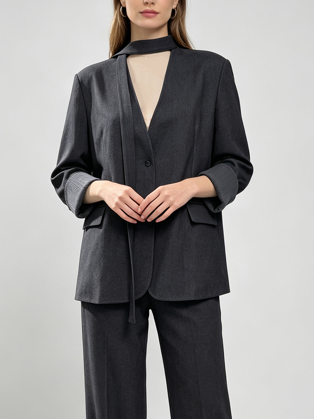 Fashion Dark Grey V‑Neck Blazer Suit Set Removable Neck  Office Business Wear For Ladies
