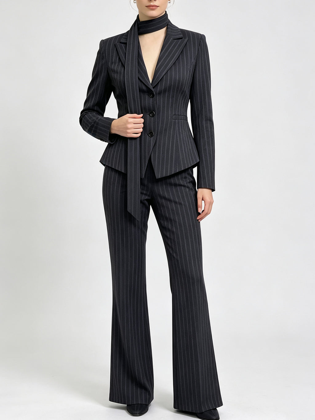 Elegant Striped Formal Suit for Women, Fitted Cropped Blazer, Neck Scarf Tie, High‑Rise Pants & Midi Skirt Office Matching Set