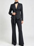 Elegant Striped Formal Suit for Women, Fitted Cropped Blazer, Neck Scarf Tie, High‑Rise Pants & Midi Skirt Office Matching Set